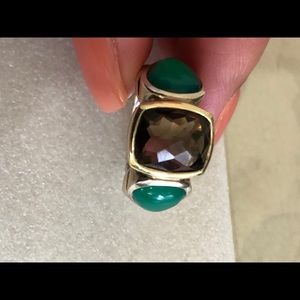 Authentic DY ring with green onyx and smoky Quartz
